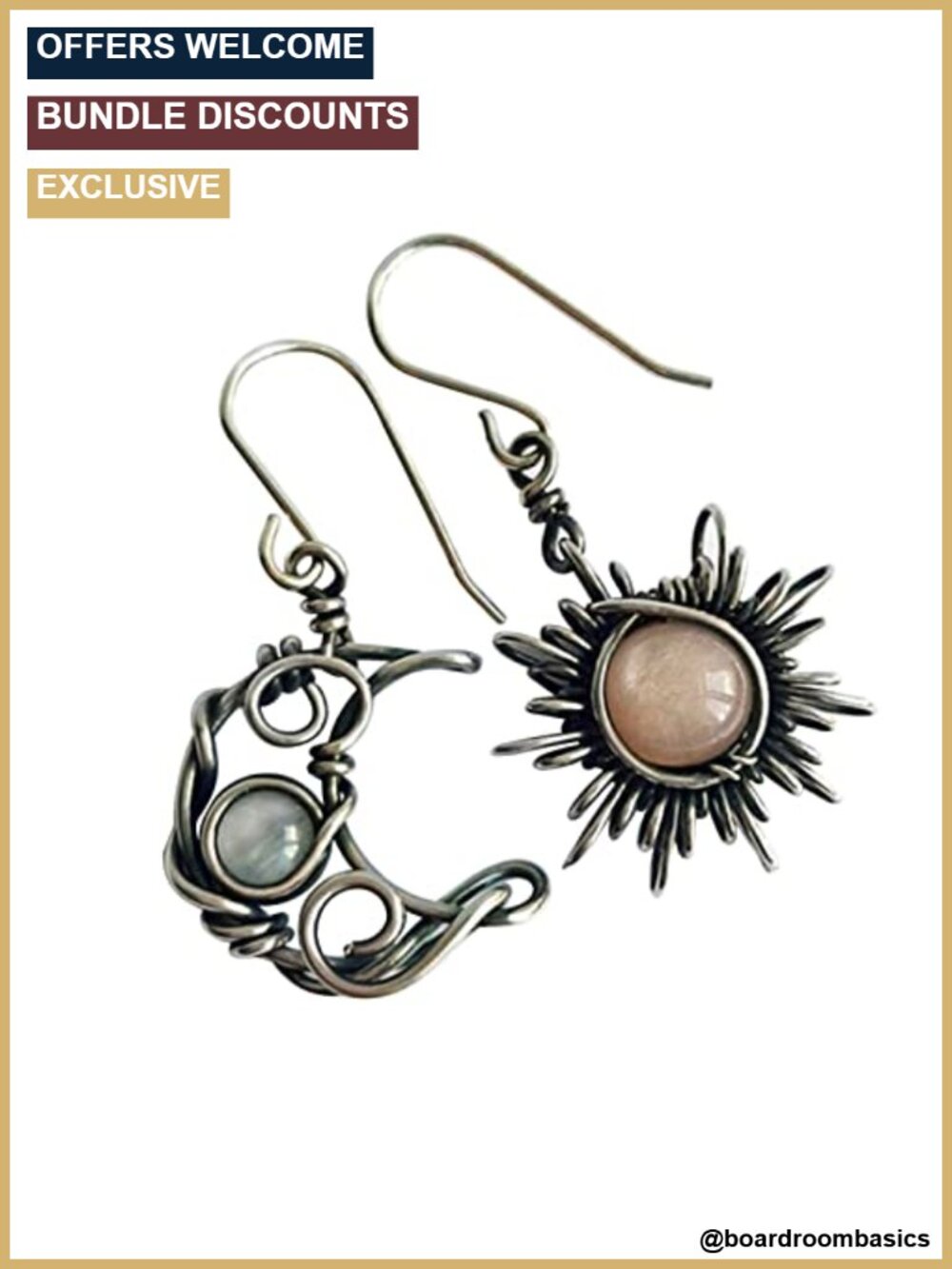 Bohemian Asymmetrical Sun Moon Star Dangle Earrings Copper